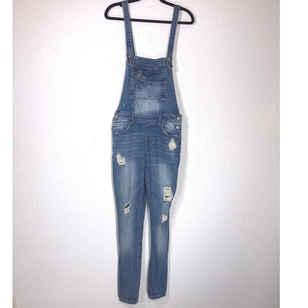 Almost Famous Womens Distressed Denim Overalls Medium Wash Skinny Leg Size 7